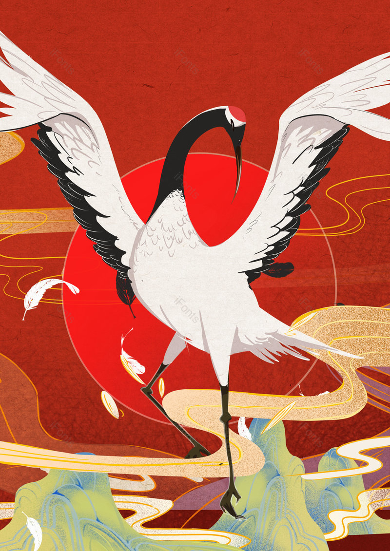 中国风国潮手绘夕阳祥云仙鹤背景设计,插画/手绘图,插画/手绘图库,插画/手绘图下载,插画/手绘